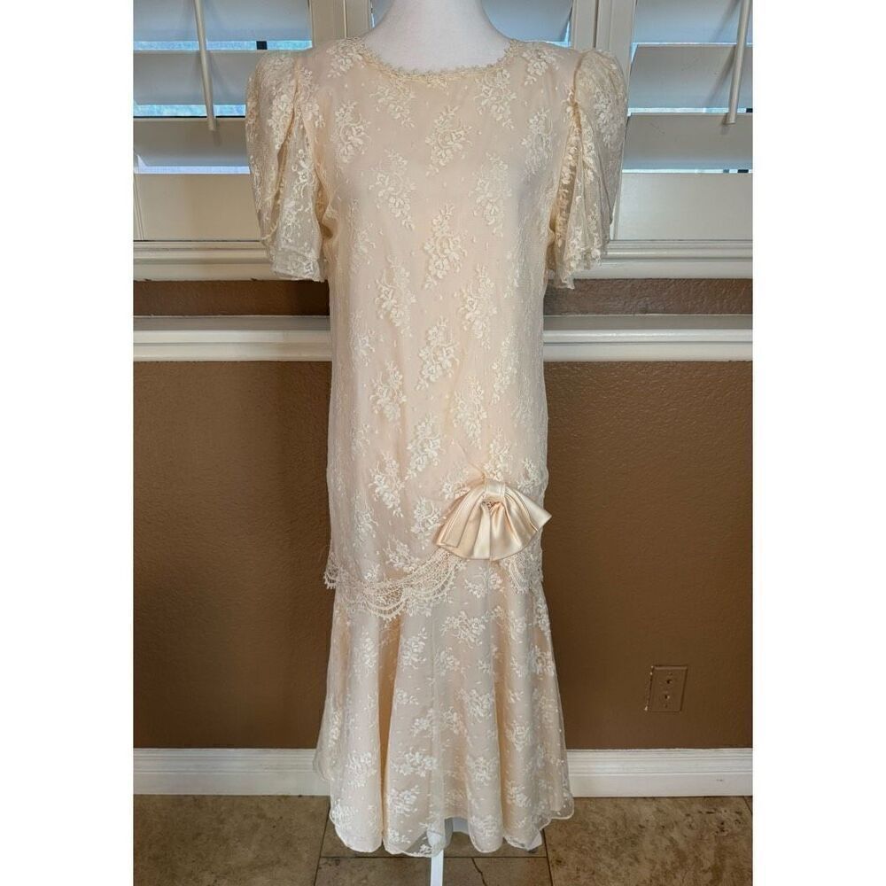 Vintage Michael Marcells Sz 10 Lace Bow Pearl Button Drape Midi Dress Pink Fairy